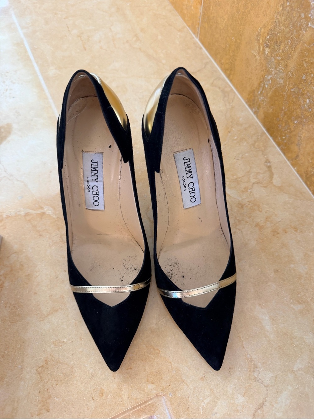 Jimmy Choo Black Suede Pointed Pumps with Gold Trim